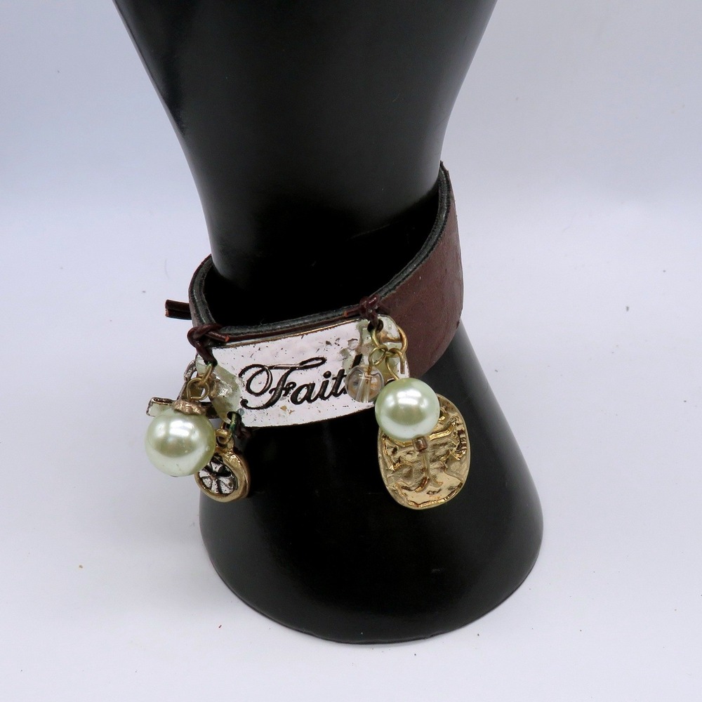 Faith Leather Wrap Charm Bracelet Brown Faux Pearl Cross Button Closure 8in